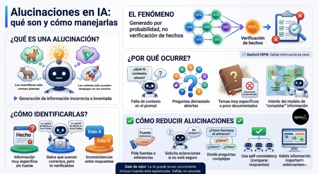 Infografía profesional que ilustra qué son las alucinaciones en Inteligencia Artificial y cómo manejarlas. Muestra visualmente las causas, formas de identificarlas y estrategias para reducirlas, como el uso de mejores prompts y la verificación de fuentes externas, priorizando el uso de iconos y gráficos sobre el texto.