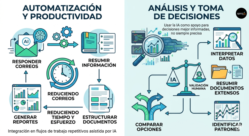 Infografía profesional sobre automatización y análisis de datos con IA. Se muestran iconos modernos de engranajes, reportes y flujos de trabajo que representan la productividad y la toma de decisiones informada, con un diseño limpio en tonos azules y énfasis en elementos visuales.