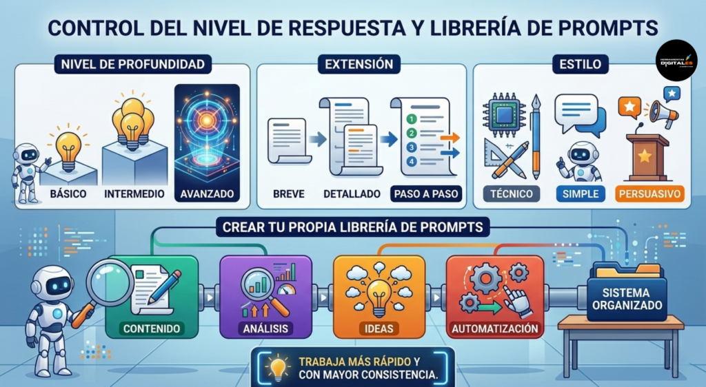Una infografía profesional que explica cómo controlar las respuestas de la IA y organizar prompts. Muestra tres paneles superiores para ajustar el "Nivel de profundidad" (básico a avanzado), "Extensión" (breve a paso a paso) y "Estilo" (técnico a persuasivo). Debajo, detalla cómo crear una "Librería de Prompts propia", organizándola en módulos de Contenido, Análisis, Ideas y Automatización, junto con un consejo para trabajar más rápido y con mayor consistencia.
