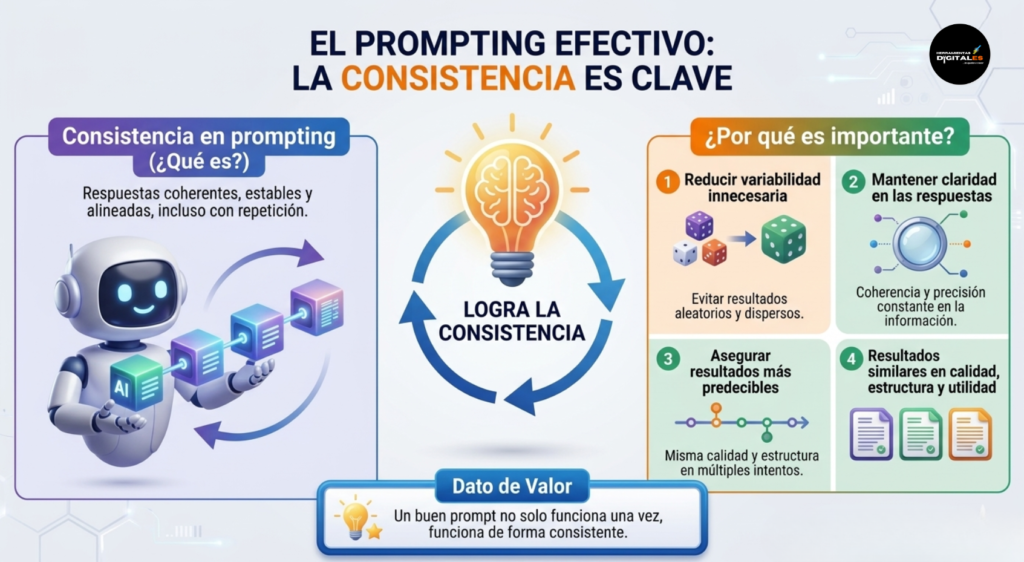 una infografía moderna y limpia dividida en secciones sobre el "Prompting Efectivo". A la izquierda, un robot de IA ilustra la "Consistencia en prompting" con cubos conectados. En el centro, un cerebro dentro de una bombilla brillante con flechas circulares simboliza "Lograr la Consistencia". A la derecha, cuatro recuadros numerados detallan "¿Por qué es importante?": 1. Reducir variabilidad innecesaria (con dados), 2. Mantener claridad (con una lupa), 3. Asegurar resultados predecibles (con una línea de tiempo) y 4. Resultados similares en calidad y utilidad (con tres documentos). En la parte inferior, una sección de "Dato de Valor" resume los beneficios.