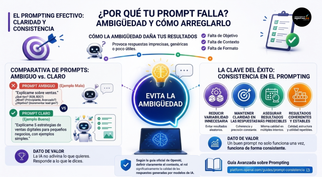 Una infografía profesional detallada sobre el "Prompting Efectivo", dividida en dos secciones principales. La parte izquierda aborda "Ambigüedad en los prompts" con iconos de diana, robots de IA y una tabla comparativa titulada "Diferencia entre Prompt Básico y Avanzado". Muestra un ejemplo de prompt ambiguo ("Háblame de ventas") versus un prompt claro y específico sobre ventas digitales para pequeños negocios. La sección derecha trata sobre "Consistencia en prompting" con cuatro iconos circulares (engranajes, diana, calendario, robots) que explican cómo reducir la variabilidad, mantener claridad y asegurar resultados predecibles. Incluye paneles de "Dato de Valor" que enfatizan que la IA no adivina y que un buen prompt funciona consistentemente. El estilo visual utiliza colores morado, azul, verde y naranja sobre fondo blanco con un diseño limpio y moderno.