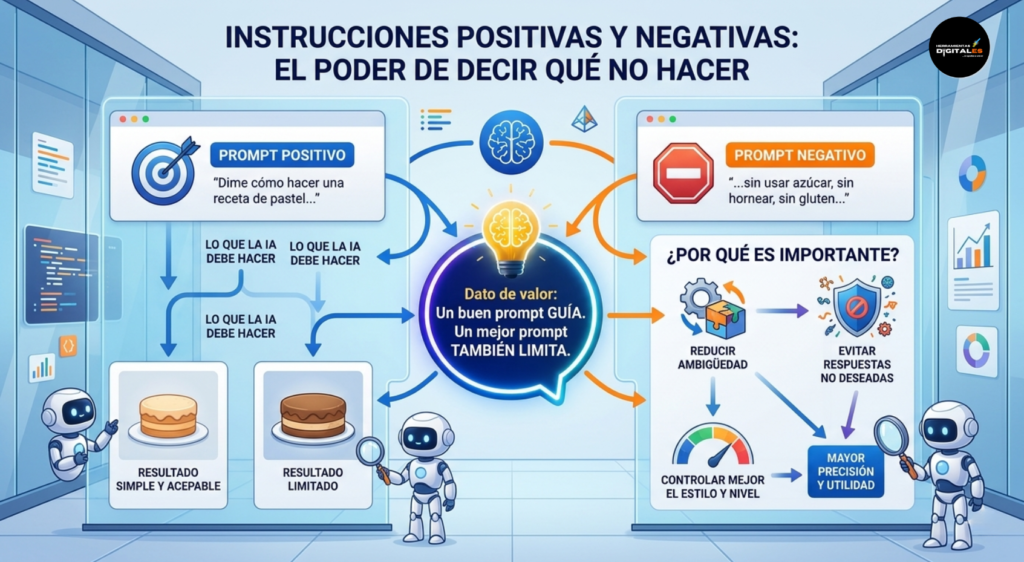 Infografía profesional que compara instrucciones positivas y negativas en prompts de IA. Muestra un flujo visual donde un prompt positivo ("Dime cómo hacer un pastel...") genera un resultado genérico, mientras que un prompt negativo ("...sin azúcar, sin gluten") crea un resultado limitado y preciso. Un panel lateral explica por qué es importante limitar (reducir ambigüedad, evitar respuestas no deseadas, controlar estilo) con iconos modernos de robots y engranajes.