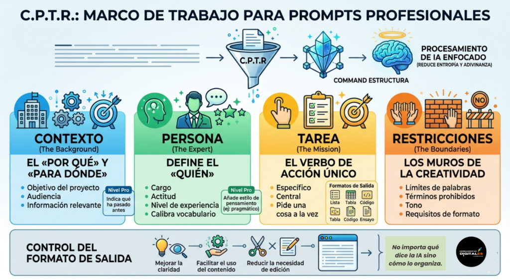 Infografía profesional del modelo C.P.T.R. para ingeniería de prompts, mostrando los pilares de Contexto, Persona, Tarea y Restricciones con iconos modernos y diseño limpio en formato 16:9.