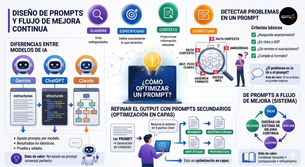 Infografía profesional detallada que enseña a optimizar prompts para IA. Incluye cuatro secciones principales: 1) Comparativa de estructuras de prompt entre modelos (Gemini, ChatGPT, Claude). 2) Checklist y criterios básicos para detectar problemas en un prompt (falta de contexto, ambigüedad, etc.). 3) Flujo visual de refinamiento de output mediante prompts secundarios ("optimización en capas") para resumir, reestructurar o profundizar. 4) Ciclo completo de diseño de un sistema de mejora continua (Crear > Evaluar > Ajustar > Mejorar). El diseño utiliza iconos 3D modernos en azul, morado y verde sobre fondo claro.