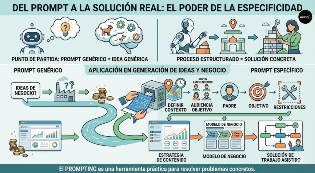 Infografía profesional que explica la transformación de un prompt en una solución real, destacando elementos clave como contexto, audiencia, objetivo y restricciones para generar ideas de negocio útiles en lugar de resultados genéricos.