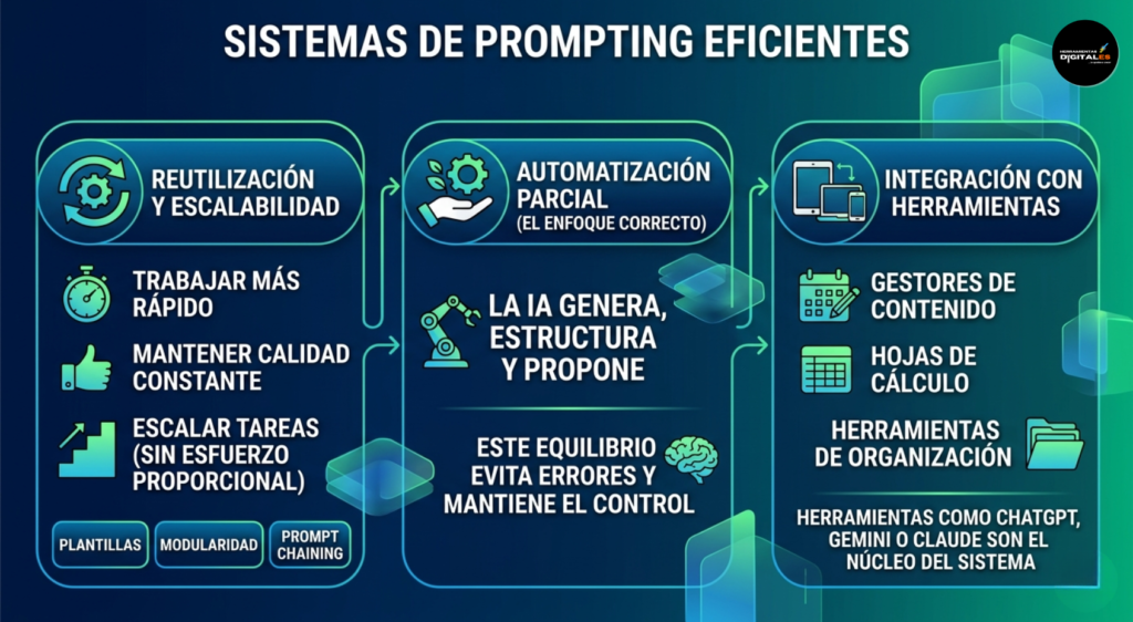 Infografía profesional sobre sistemas de prompting e inteligencia artificial. Muestra cómo varios prompts se conectan en flujos de trabajo organizados para investigar, producir, mejorar y escalar tareas con mayor productividad, reutilización y consistencia.