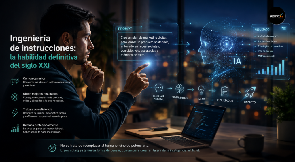 “Hombre interactuando con una inteligencia artificial mediante prompting en una interfaz futurista holográfica, representando la ingeniería de instrucciones y la comunicación entre humano e IA en un entorno tecnológico moderno.”