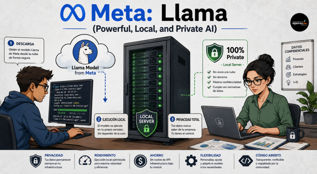 : Infografía explicativa de Llama de Meta que muestra la descarga e instalación local de un modelo de inteligencia artificial de código abierto para máxima privacidad de datos.