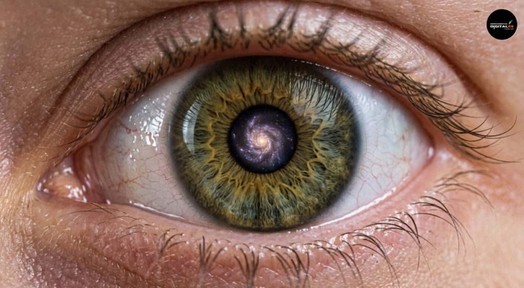 Macrofotografía en primerísimo primer plano de un ojo humano detallado con un iris de color avellana y verde. En el centro, la pupila negra muestra el reflejo nítido y brillante de una galaxia espiral con cúmulos de estrellas y nebulosas en tonos púrpuras, azules y dorados. La toma captura con alta definición las texturas de la piel, las pestañas finas y los diminutos vasos sanguíneos en la esclera, creando un contraste entre el detalle biológico y la inmensidad del cosmos.