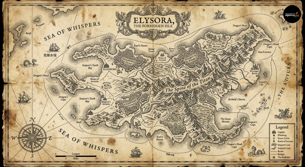 Ilustración detallada de un mapa de una isla fantástica llamada "Elysora", diseñado al estilo de un grabado antiguo. El mapa presenta intrincadas líneas finas sobre un fondo de papel pergamino envejecido y manchado, incluyendo una rosa de los vientos, cadenas montañosas, bosques, barcos de vela clásicos y monstruos marinos en el océano.
