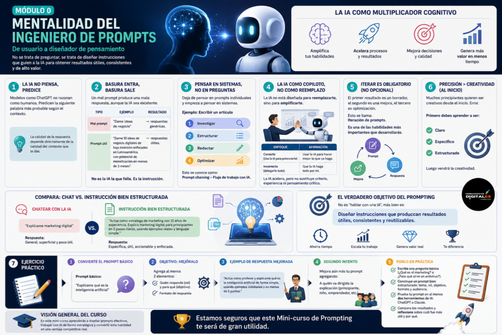 “Infografía profesional en español sobre la mentalidad del ingeniero de prompts, mostrando cómo estructurar instrucciones para inteligencia artificial, diferencias entre prompts básicos y avanzados, pensamiento en sistemas, iteración de prompts y uso estratégico de IA como copiloto.”