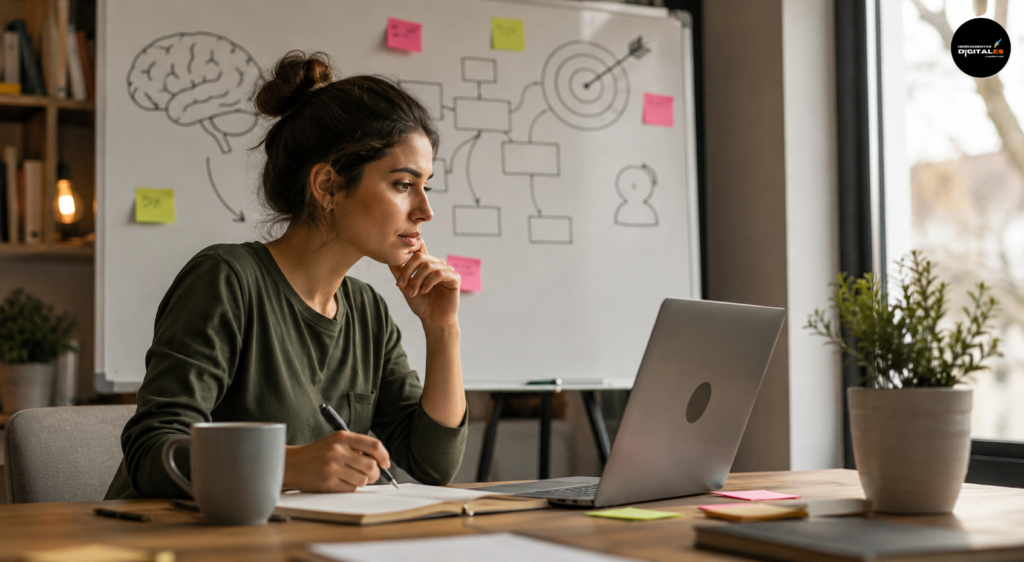 *Alt de la imagen:**
“Mujer joven trabajando en ingeniería de prompts frente a una laptop, analizando ideas y diseñando estrategias con notas y diagramas en una oficina moderna y cálida, representando la mentalidad analítica y creativa de la inteligencia artificial.

