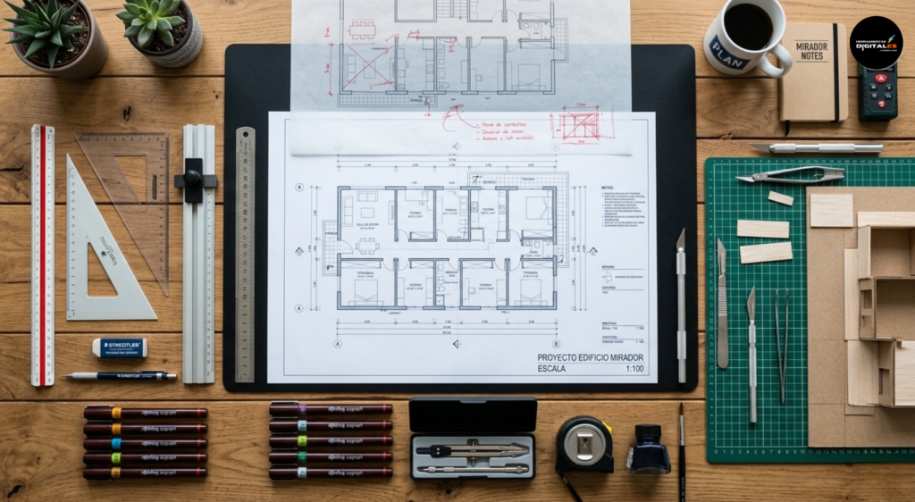 Vista cenital y plana de la mesa de trabajo de un arquitecto sobre una superficie de madera clara. En el centro destaca el plano técnico impreso de una planta arquitectónica titulado "PROYECTO EDIFICIO MIRADOR ESCALA 1:100". A los lados se encuentran herramientas perfectamente ordenadas: escuadras, una regla metálica, estilógrafos, un compás en su estuche, una cinta métrica, un tapete de corte verde con bisturís de precisión y una pequeña maqueta de madera en desarrollo. El espacio se complementa con dos plantas suculentas, una taza de café blanca y un cuaderno de notas, todo iluminado por una luz cenital limpia y uniforme.