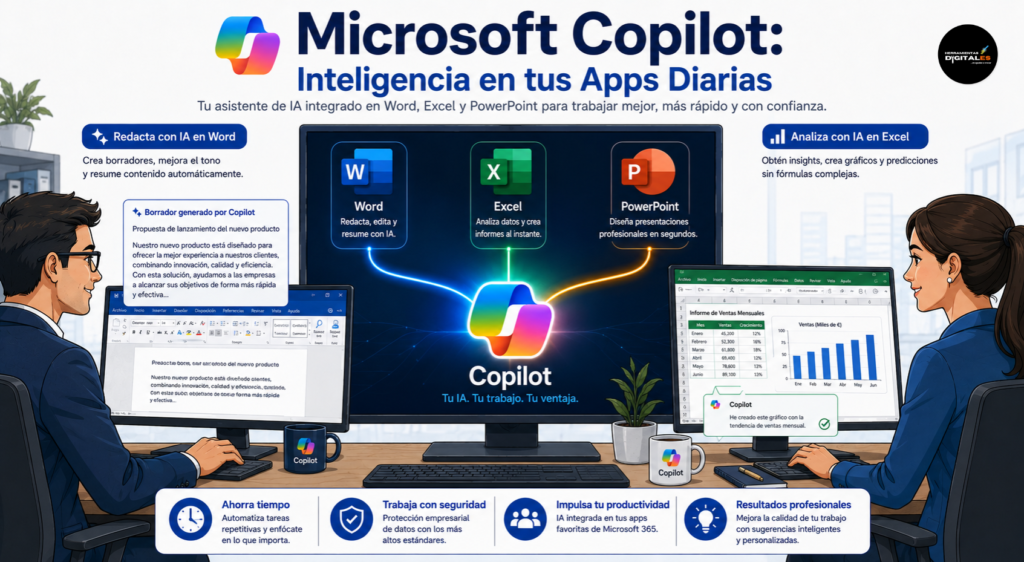 Infografía explicativa de Microsoft Copilot que muestra su integración nativa en Word, Excel y PowerPoint para la automatización de tareas de oficina.