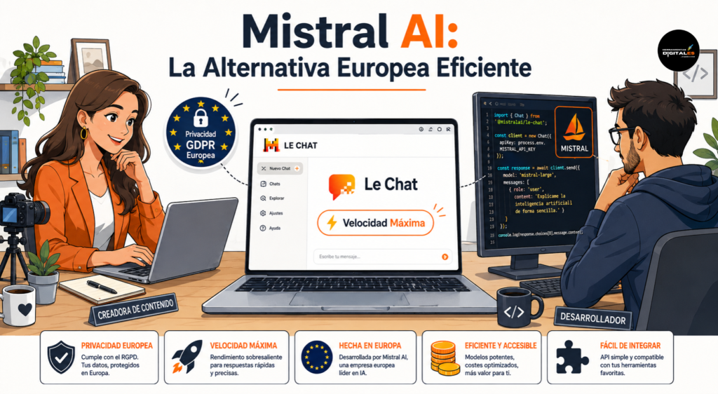 Infografía explicativa de Mistral AI que muestra el uso de su interfaz gratuita Le Chat, destacando su velocidad en código y su cumplimiento de privacidad europea.