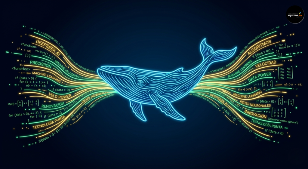 Ilustración vectorial de estilo neón que representa a DeepSeek como una inteligencia artificial avanzada especializada en razonamiento y código fluido.