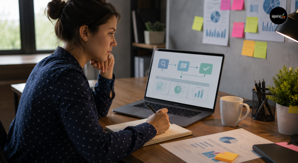Profesional trabajando en un flujo de trabajo asistido por inteligencia artificial desde una oficina moderna. La escena muestra análisis, planificación y dirección de procesos mediante prompting, con laptop, notas y gráficos en un entorno realista y productivo.