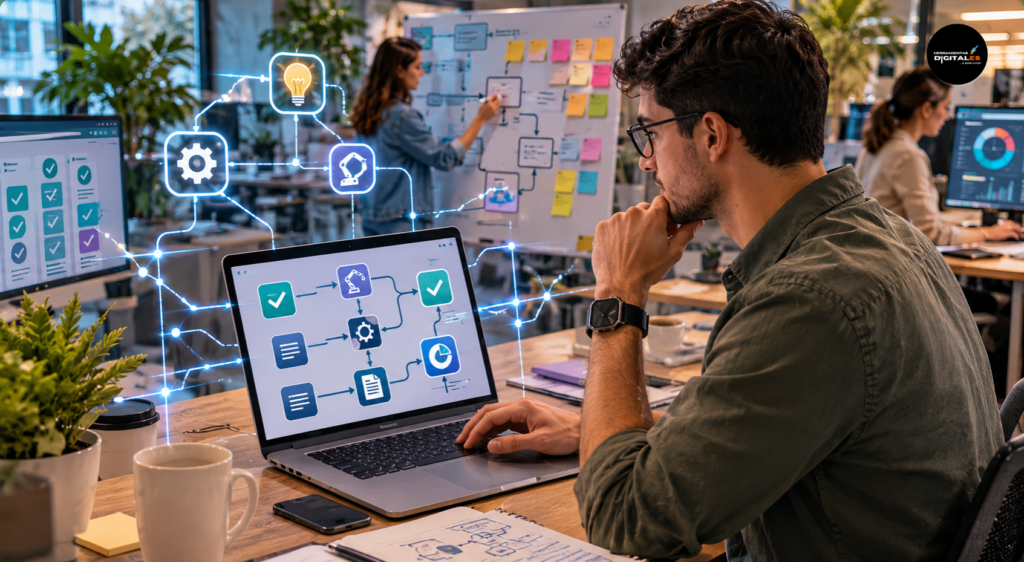 Profesional diseñando sistemas de trabajo con inteligencia artificial en una oficina moderna. La escena muestra flujos organizados, automatización de procesos y uso estratégico de IA para mejorar productividad y estructurar tareas mediante prompting.