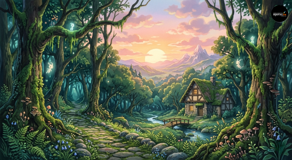 Pintura de un paisaje de bosque encantado al atardecer, recreado en el icónico estilo de Studio Ghibli. La imagen presenta colores suaves y cálidos del atardecer filtrándose a través de árboles antiguos y gnarled, con fondos detallados pintados a mano que muestran musgo brillante, hongos y un sendero sinuoso. La atmósfera es mágica y serena, evocando la nostalgia y la fantasía de las películas de animación clásicas.