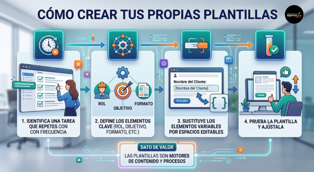 Una infografía profesional que detalla el proceso de cuatro pasos para crear plantillas de prompts efectivas. Muestra visualmente cómo identificar tareas repetitivas, definir elementos clave (como Rol, Objetivo, Formato), sustituir variables por espacios editables y, finalmente, probar y ajustar la plantilla para obtener consistencia y escalabilidad en la generación de contenido con IA.