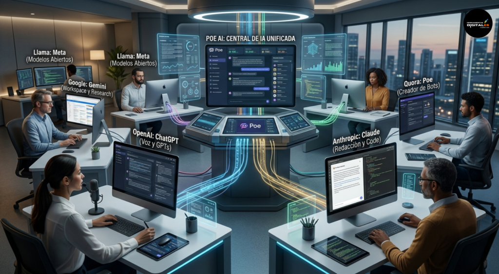 Una fotografía realista e hiperdetallada de una central de control para Poe AI, donde múltiples profesionales manejan simultáneamente flujos de datos de ChatGPT, Gemini y Claude conectados a un hub central.