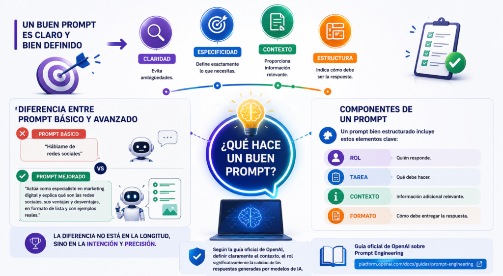 Infografía visual sobre qué hace un buen prompt en inteligencia artificial, destacando claridad, especificidad, contexto y estructura, además de la diferencia entre un prompt básico y uno avanzado en prompt engineering.