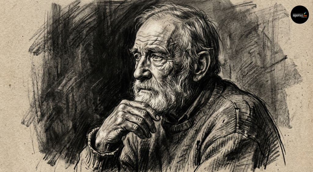 Retrato artístico y expresivo de un hombre anciano con barba, realizado con la técnica de dibujo a carboncillo. La obra destaca por su iluminación de alto contraste, sombras profundas que definen las facciones y una marcada textura de trazo manual sobre un fondo de papel texturizado, transmitiendo una atmósfera reflexiva y melancólica.