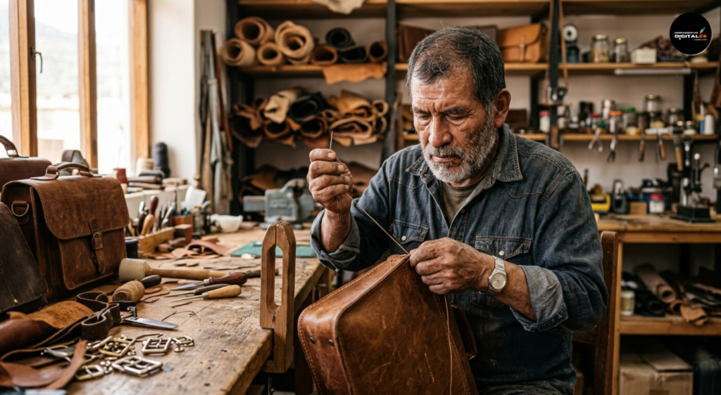 Retrato fotográfico hiperrealista y ultra-detallado de un artesano concentrado cosiendo un bolso de cuero a mano en su taller. La toma en primer plano resalta con gran nitidez la textura rugosa del cuero marrón, los poros de la piel, las arrugas de expresión y el vello facial canoso del hombre, rodeado de herramientas tradicionales, rollos de piel y estanterías en un ambiente de trabajo auténtico.