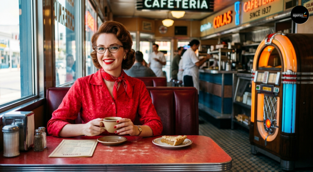 etrato fotográfico de una mujer sonriente con peinado vintage y gafas en una cafetería americana clásica de los años 50. La imagen destaca por su estilo cinematográfico Technicolor con colores ultra saturados, donde sobresale un vestido rojo brillante, una máquina de discos (juke box) iluminada en el fondo, y un alto contraste que evoca la época dorada del cine de Hollywood.