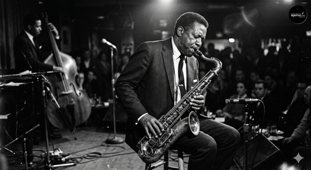 Fotografía clásica analógica en blanco y negro de un músico de jazz tocando el saxofón tenor en un club nocturno. La imagen captura la esencia vintage con un marcado grano de película (film grain) de 35mm, alto contraste y luces dramáticas de escenario, mostrando al fondo un contrabajista y al público difuminado en la penumbra.
