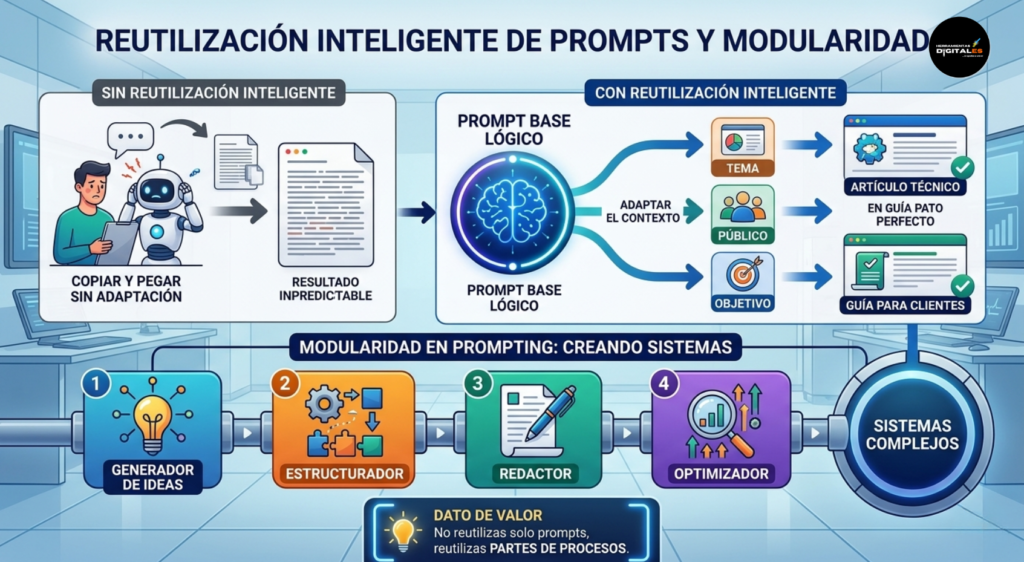Infografía profesional que explica la reutilización inteligente de prompts y la modularidad. Muestra un flujo visual que contrasta el copiado simple con la adaptación basada en la lógica base, donde un prompt base se ajusta según el Tema, Público y Objetivo para generar resultados precisos. Incluye una sección detallada sobre modularidad con cuatro bloques funcionales (Generador de ideas, Estructurador, Redactor, Optimizador) que se combinan para crear sistemas complejos, junto con un dato de valor sobre la reutilización de partes de procesos. El estilo es limpio, con ilustraciones modernas y una paleta de colores azul, verde, naranja y morado con acentos brillantes.
