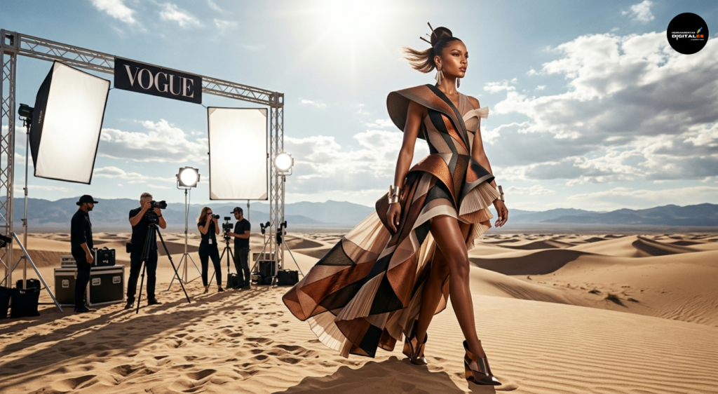 Modelo de piel morena con peinado mohicano y vestido geométrico avant-garde de tonos cobre y marrón desfila en dunas de arena en Lima, Perú, para un editorial de Vogue. Se aprecian fotógrafos con cámaras, equipos de iluminación, trusses con softboxes y un cartel que dice "VOGUE EDITORIAL MODA VANGUARDIA". Cielo azul con sol brillante y nubes.