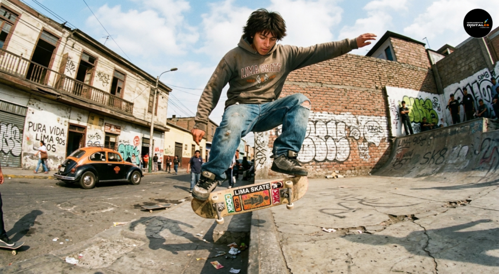 Fotografía urbana de estilo noventero con lente ojo de pez que captura a un joven skater suspendido en el aire realizando un truco en una plaza urbana. El skater viste una sudadera gris desgastada con la inscripción "LIMA SKATE" y jeans rotos. Al fondo se aprecian paredes de ladrillo con grafitis, un automóvil clásico tipo escarabajo y edificios antiguos. La perspectiva ultra gran angular de la cámara deforma los bordes de la escena, aportando una gran sensación de dinamismo y distorsión exagerada a la toma.