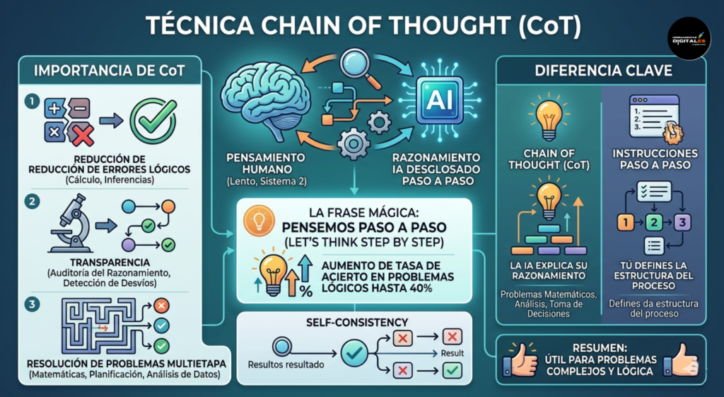 Infografía profesional que explica la técnica Chain of Thought (CoT) para Inteligencia Artificial. Muestra la analogía con el pensamiento humano "Sistema 2", detallando la reducción de errores lógicos, transparencia y resolución de problemas multietapa. Resalta la frase "pensemos paso a paso" para aumentar el acierto hasta un 40% y compara CoT con las instrucciones paso a paso estructuradas.