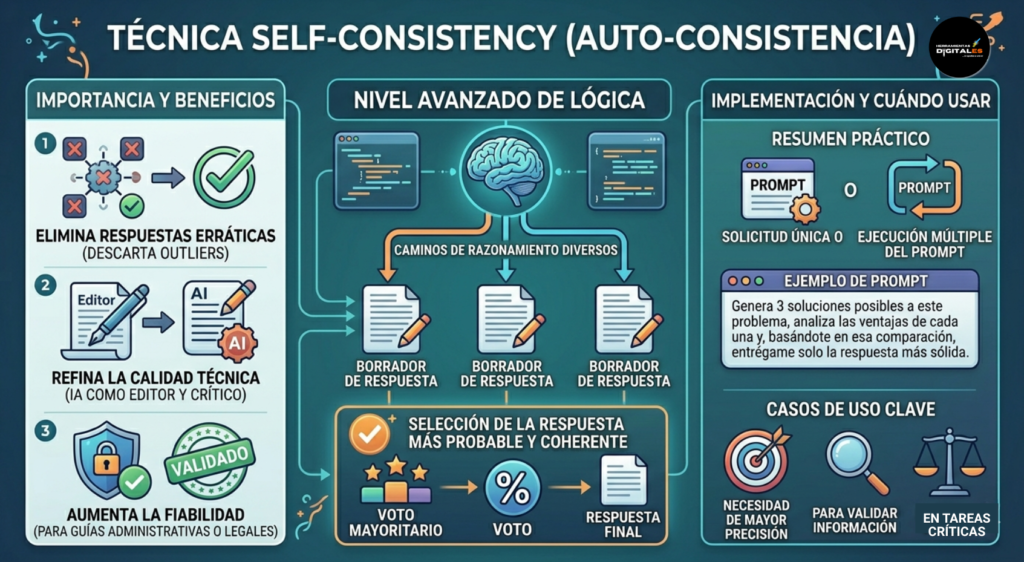 Infografía profesional que explica la técnica de Self-Consistency (Auto-consistencia) para IA. Muestra un diagrama de flujo donde el modelo genera múltiples caminos de razonamiento y borradores para seleccionar la respuesta final por voto mayoritario. Incluye secciones sobre 'Importancia y Beneficios' (eliminar respuestas erráticas, refinar calidad técnica, aumentar fiabilidad) e 'Implementación' con un ejemplo de prompt y casos de uso clave (validar información, tareas críticas)