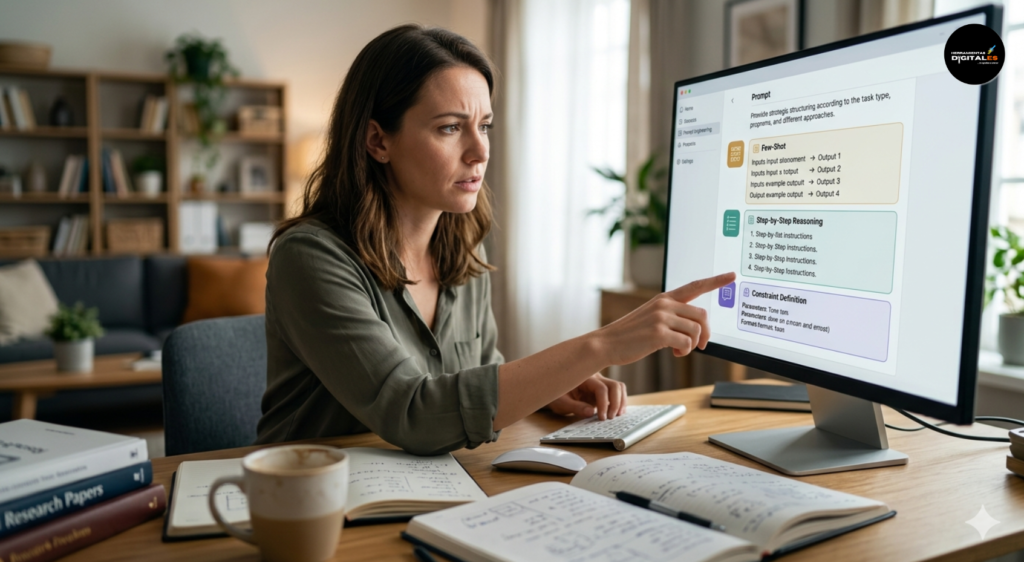 Primer plano ultra realista de una profesional analizando y estructurando estratégicamente bloques de información compleja en una interfaz digital, representando el uso de técnicas como few-shot y razonamiento paso a paso para optimizar resultados con IA.