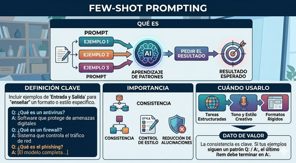 Infografía profesional sobre Few-shot Prompting en inteligencia artificial. Muestra un diagrama de flujo donde múltiples ejemplos guían a la IA para el aprendizaje de patrones y la reducción de alucinaciones. Incluye secciones de "Definición Clave", "Importancia" (Consistencia, Control de Estilo) y "Cuándo Usarlo", junto con un ejemplo de pregunta-respuesta sobre ciberseguridad.