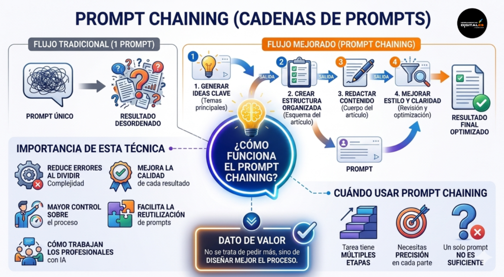 Infografía profesional sobre Prompt Chaining (Cadenas de Prompts) que muestra cómo dividir una tarea compleja en una secuencia de pasos estructurados. Contrasta un flujo tradicional caótico con un flujo mejorado secuencial (Ideas, Estructura, Redacción, Revisión). Detalla la importancia (reducción de errores, mayor calidad y control), cuándo usarlo y un dato de valor sobre el diseño del proceso.