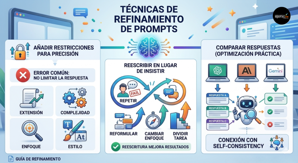 Infografía profesional que detalla técnicas avanzadas para el refinamiento de prompts de IA. Muestra tres columnas principales: 1) Cómo añadir restricciones (extensión, complejidad, enfoque, estilo) para mayor precisión. 2) La estrategia de reescribir y reformular en lugar de repetir, dividiendo tareas y cambiando el enfoque. 3) Un proceso de comparación de respuestas ejecutando prompts múltiples veces en herramientas como ChatGPT y Claude, con una conexión visual a la técnica de self-consistency (auto-consistencia). El diseño es limpio, con iconos 3D modernos y una paleta de colores azul, verde y naranja.