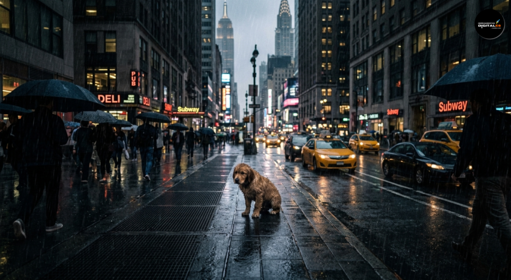 Un cachorro solitario de Golden Retriever, empapado y temblando bajo la lluvia, se encuentra en una calle de la ciudad de Nueva York, rodeado de rascacielos iluminados y reflejos en el pavimento mojado, en un ángulo picado que enfatiza su vulnerabilidad. La atmósfera es melancólica, con la lluvia cayendo y las luces de los autos y edificios creando una escena urbana desolada y poética.
