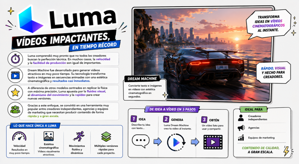 Herramienta de generación rápida de vídeo con inteligencia artificial utilizada para producción creativa, campañas digitales y visualización conceptual. 