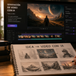 Espacio creativo de producción audiovisual donde un creador desarrolla un storyboard para generar vídeos con inteligencia artificial, acompañado de una estación de edición digital, conceptos visuales y flujo de trabajo text-to-video orientado a cine y animación.