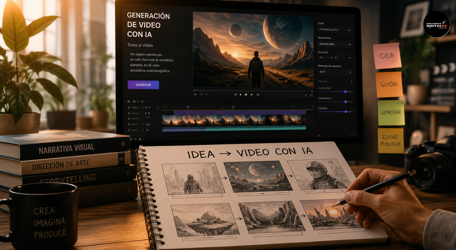 Espacio creativo de producción audiovisual donde un creador desarrolla un storyboard para generar vídeos con inteligencia artificial, acompañado de una estación de edición digital, conceptos visuales y flujo de trabajo text-to-video orientado a cine y animación.