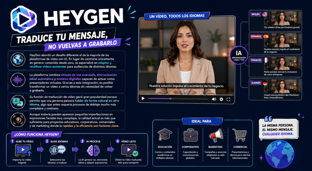 Plataforma de inteligencia artificial para traducción de vídeo, sincronización labial automática y creación de avatares digitales corporativos.