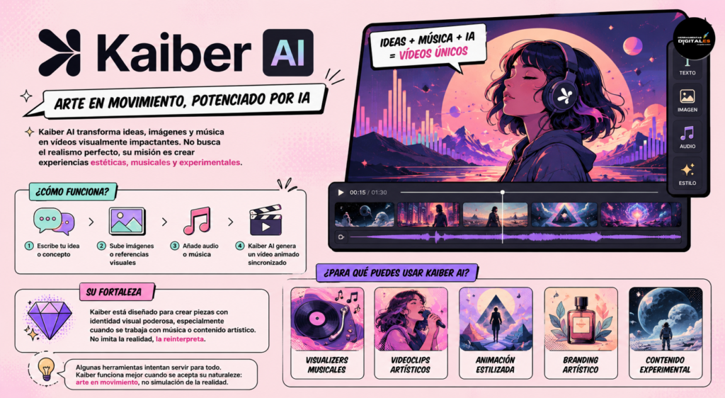 : Plataforma de inteligencia artificial para crear videoclips musicales, visualizers, animación artística y vídeos sincronizados con audio.