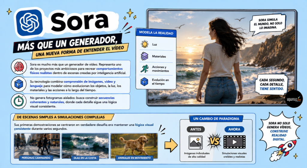 : Sistema conceptual de generación cinematográfica mediante inteligencia artificial creando escenas complejas con simulación física y narrativa audiovisual avanzada.
