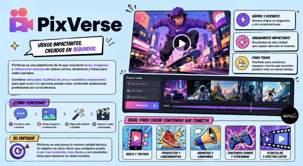 PixVerse ofrece una modalidad gratuita con créditos limitados para pruebas. Los planes de pago funcionan mediante suscripción mensual y sistemas de créditos escalables según resolución, duración de vídeo, velocidad de procesamiento y acceso a funciones avanzadas de generación y efectos especiales.