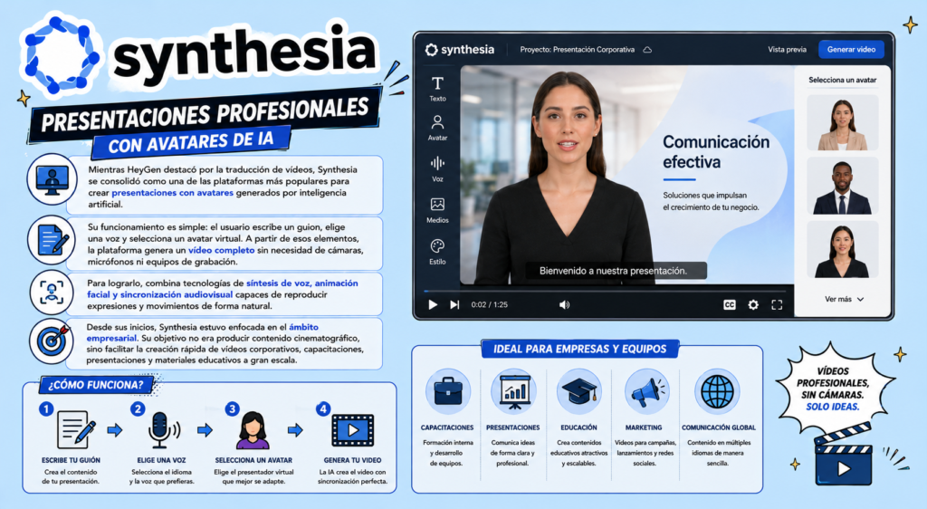 Plataforma de creación de vídeos con avatares virtuales mediante inteligencia artificial utilizada en formación corporativa y educación digital.