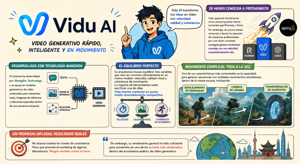 : Plataforma de generación de vídeo mediante inteligencia artificial especializada en movimiento dinámico, animación avanzada y creación rápida de secuencias cinematográficas.