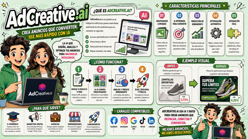 AdCreative.ai es una de las plataformas de IA publicitaria más utilizadas en el mundo para la creación rápida de banners y gráficos